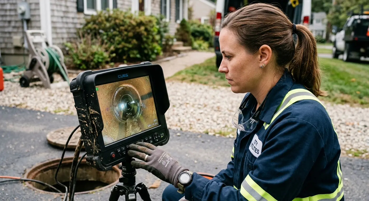 Technician reviewing sewer camera inspection footage in Litchfield Beach