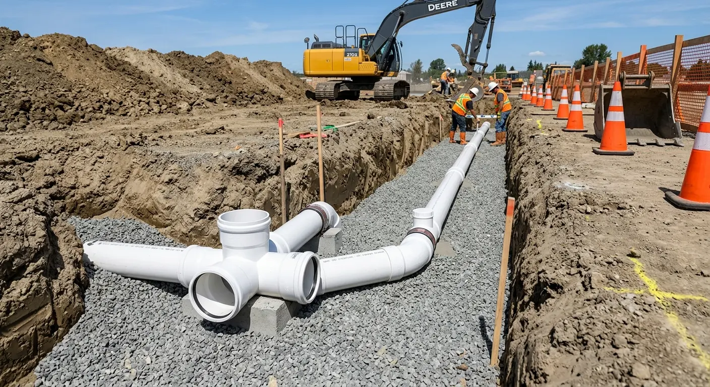 New PVC sewer pipe installation in open trench for Commercial Drain Cleaning in Litchfield Beach