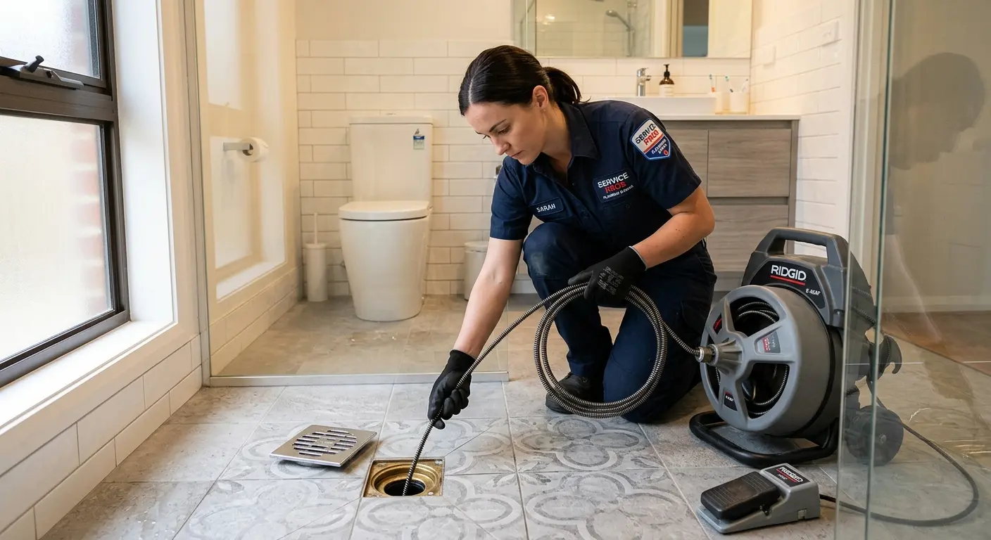 Technician clearing a bathroom floor drain for Clogged Drain Repair in Litchfield Beach